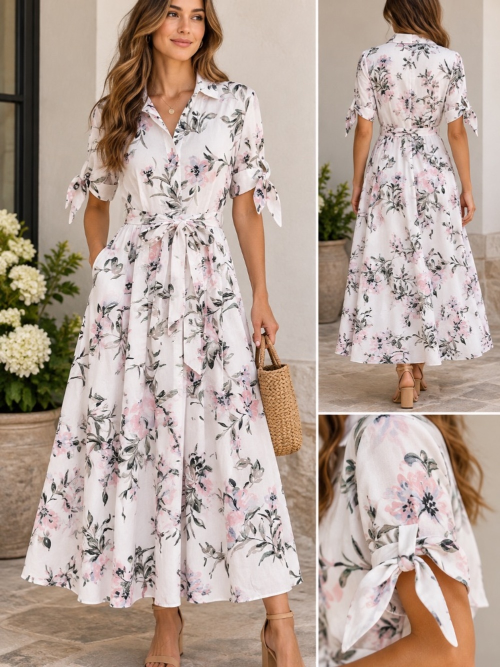 Calvin Klein 4 Floral Cotton Maxi Shirt Dress Belted Cottagecore Romantic Pink S